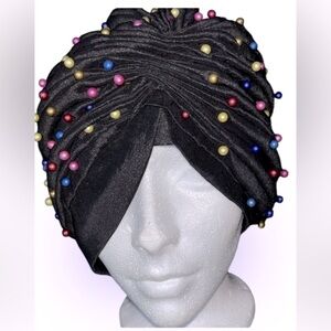 Vintage Fashion Luxury Elegant Taffeta Multi Beaded Black Women's Turban Hat